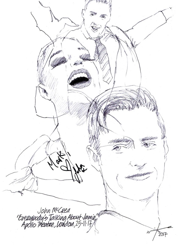 Autgoraphed drawing of John McCrea in "Everybody's Talking About Jamie" at the Apollo Theatre on London's West End