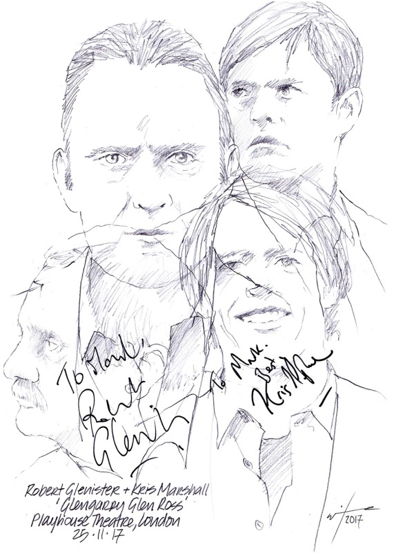 Autographed drawing of Robert Glenister and Kris Marshall in Glengarry Glen Ross at the Playhouse Theatre, London