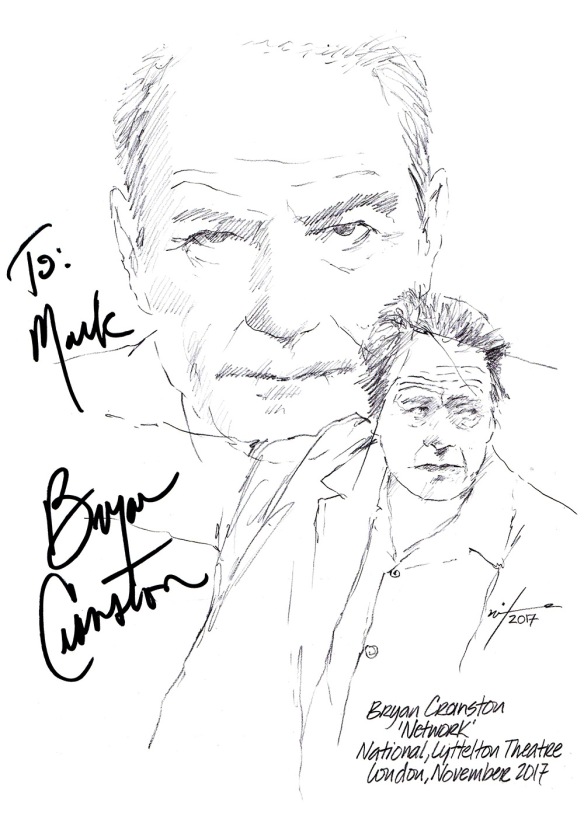 Autographed Drawing of Bryan Cranston in "Network" at the National Theatre, Lyttelton Theatre in London 2017