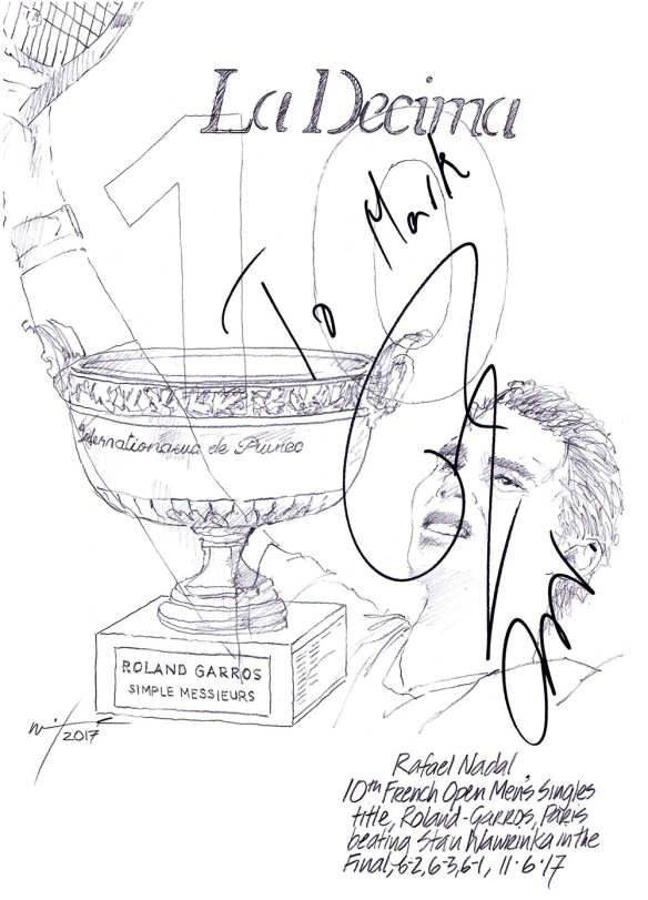 Autographed drawing of tennis player Rafael Nadal celebrating La Decima, ten French Open wins