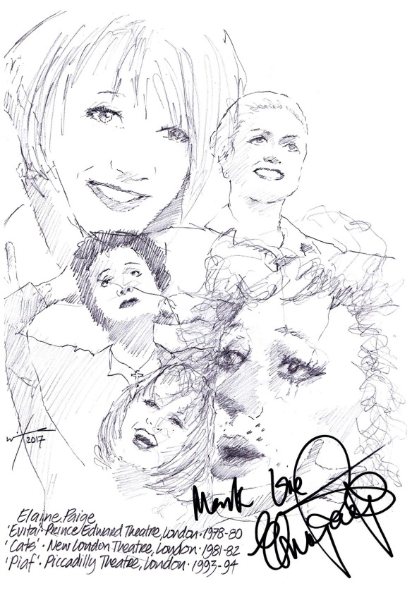 Autographed drawing of Elaine Paige in Evita at the Prince Edward Theatre, London, in Cats at the New London Theatre and in Piaf at the Piccadilly Theatre on London's West End