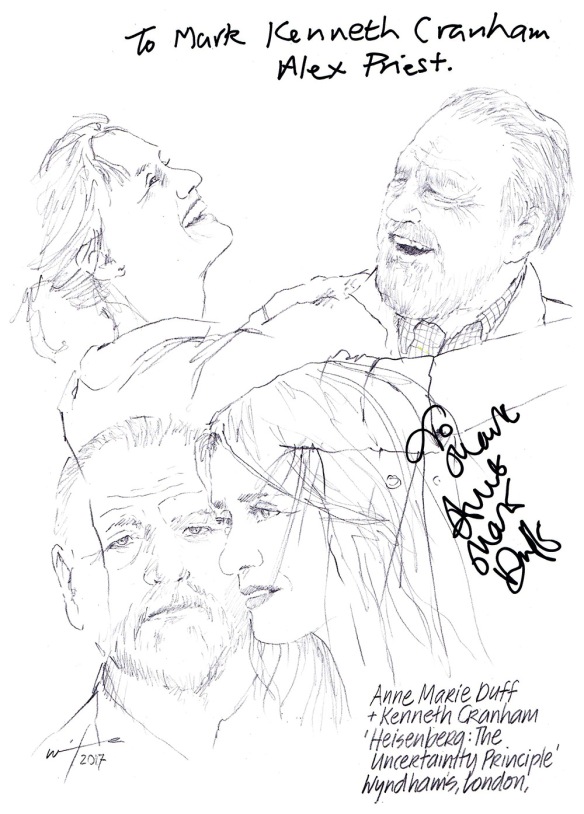 Autographed drawing of Anne Marie Duff and Kenneth Cranham in Heisenberg: The Uncertainty Principle at Whyndham's Theatre on London's West End