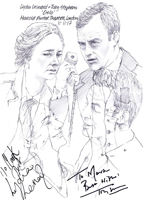 Autographed drawing of Lydia Leonard and Toby Stephens in "Oslo" at the Harold Pinter Theatre on London's West End