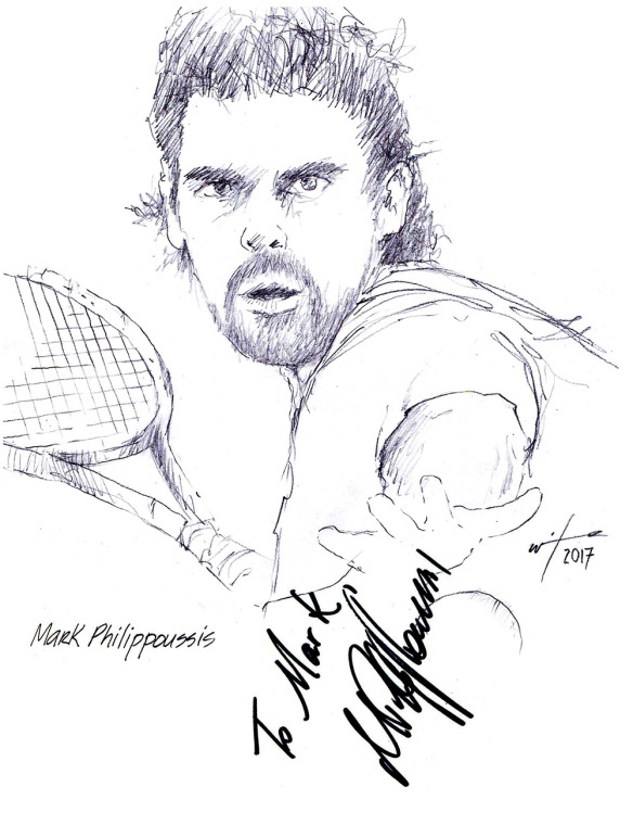 Autographed drawing of tennis player Mark Philippoussis