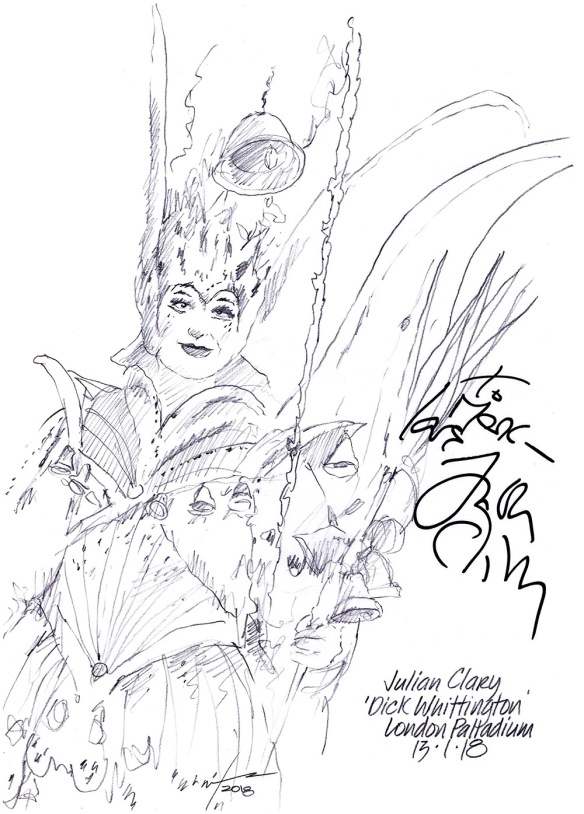 Autographed drawing of Julian Clary in Dick Whittington at the London Palladium