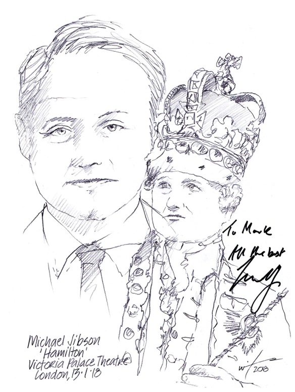 Autographed drawing of Michael Jibson in Hamilton at Victoria Palace Theatre on London's West End