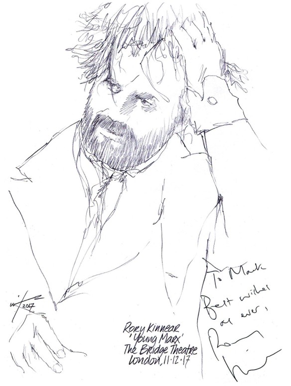Autographed drawing of Rory Kinnear in Young Marx at The Bridge Theatre in London