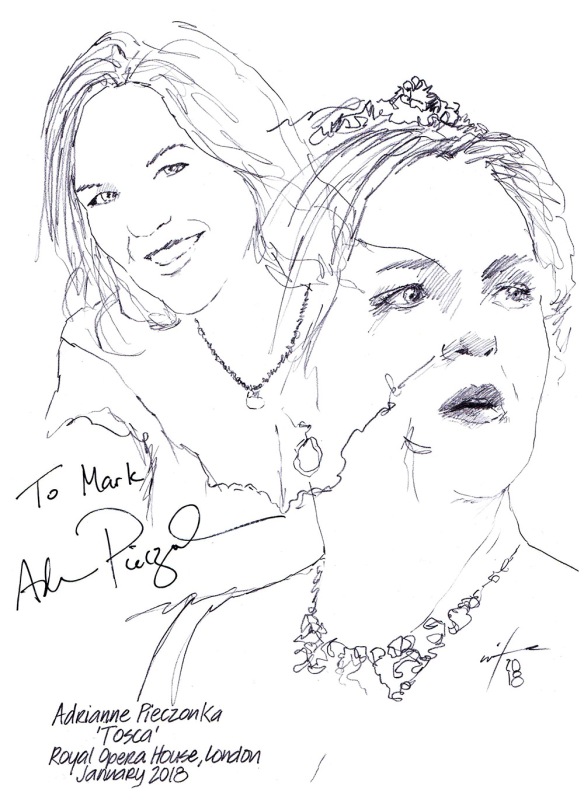 Autographed drawing of soprano Adrianne Pieczonka in Tosca at the Royal Opera House, London