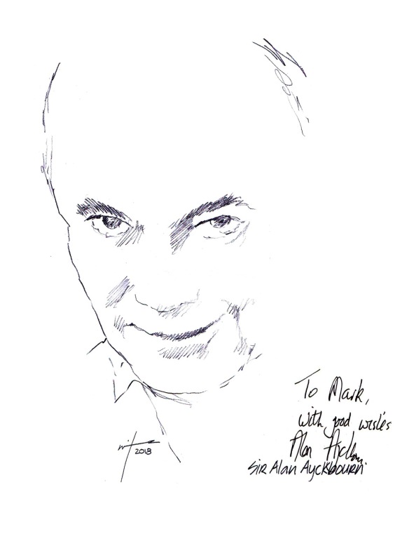 Autographed drawing of playwright Alan Ayckbourn