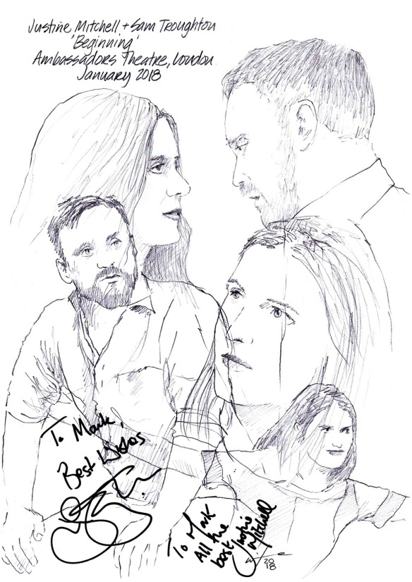 Autographed drawing of Justine Mitchell and Sam Troughton in Beginning at the Ambassadors Theatre in London's West End