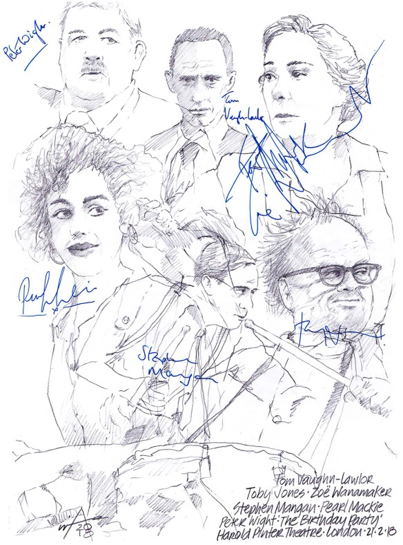 Autographed drawing of Toby Jones, Zoe Wanamaker, Stephen Mangan, Pearl Mackie, Peter Wight and Tom Vaughn-Lawlor in The Birthday Party at the Harold Pinter Theatre on London's West End