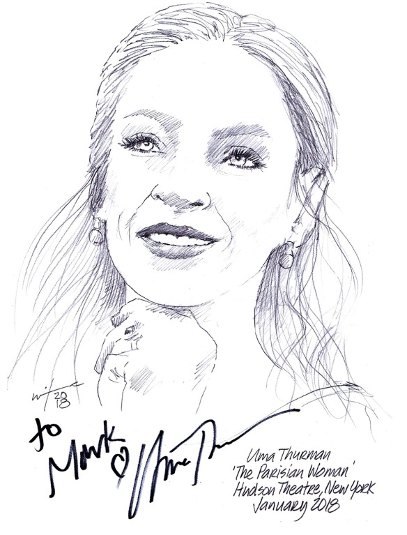 Autographed drawing of Uma Thurman in The Parisian Woman at the Hudson Theater in New York