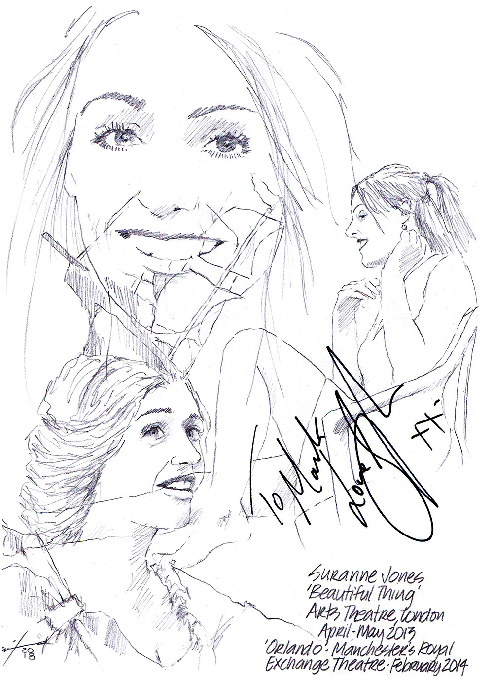 Autographed drawing of Suranne Jones in Beautiful Thing at the Arts Theatre in London and in Orlando at Manchester's Royal Exchange Theatre