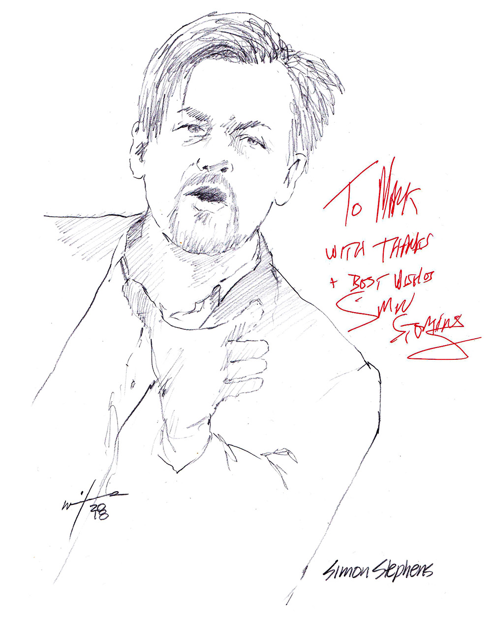 Autographed drawing of writer Simon Stephens