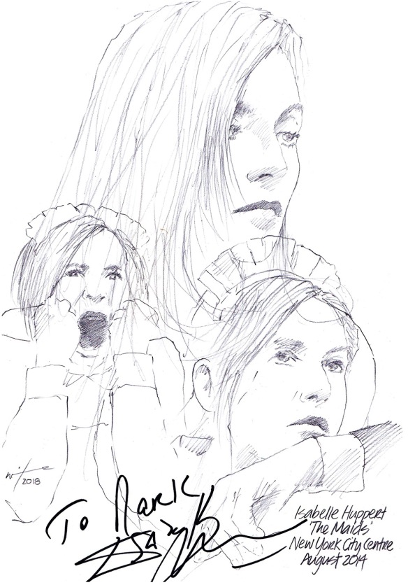 Autographed drawing of Isabelle Huppert in The Maids at the New York City Centre in August 2014