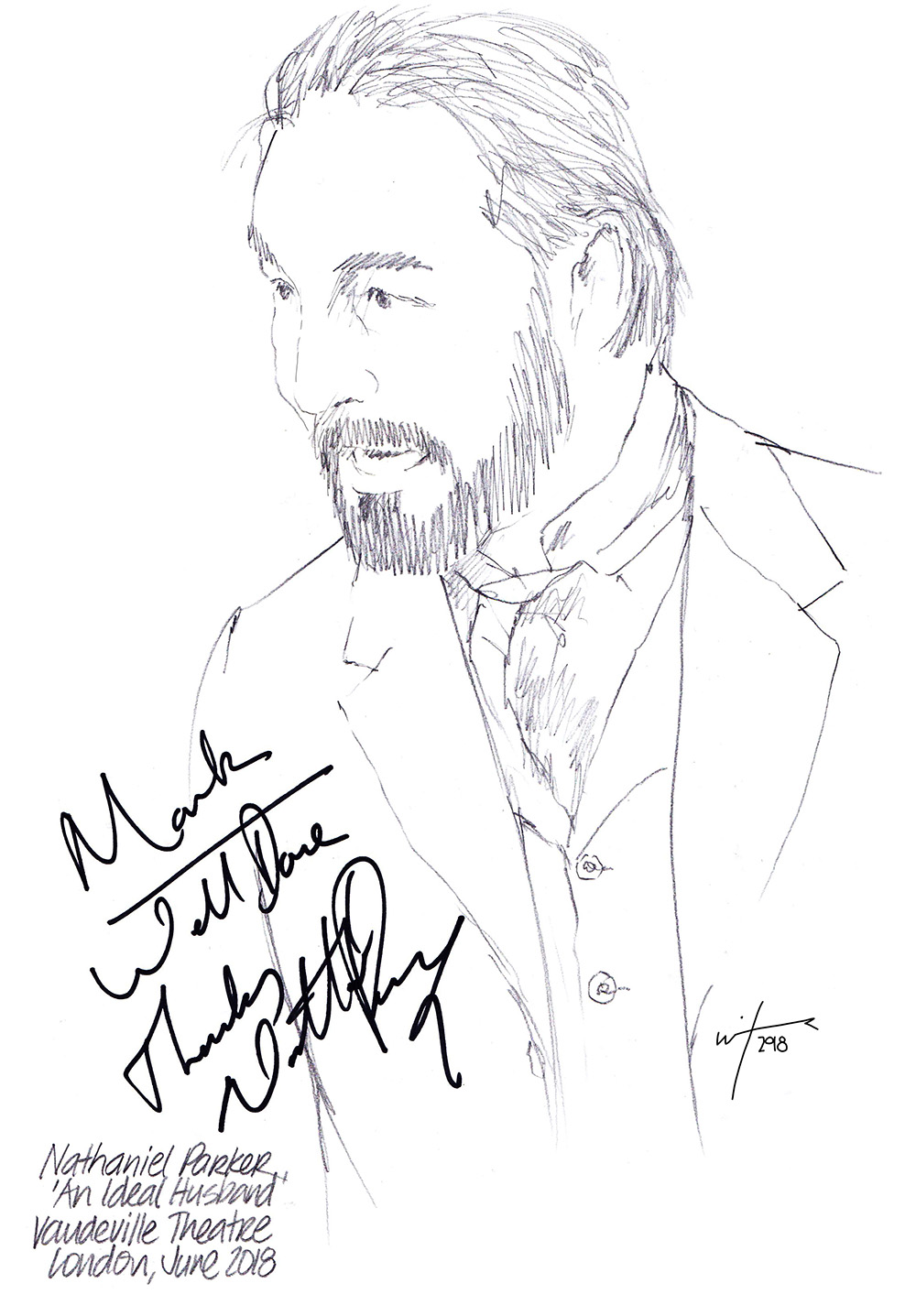 Autographed drawing of Nathaniel Parker in An Ideal Husband at the Vaudeville Theatre on London's West End