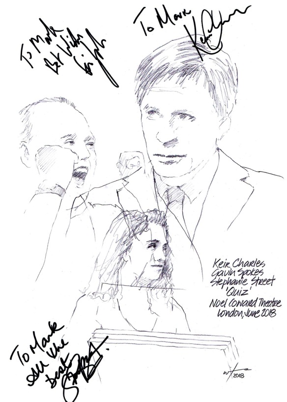 Autographed drawing of Keir Charles, Gavin Spokes and Stephanie Street in Quiz at the Noel Coward Theatre on London's West End