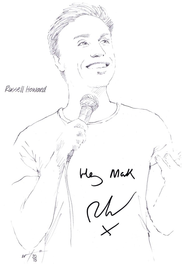 Autographed drawing of comedian Russell Howard