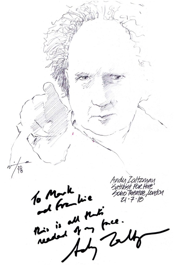 Autographed drawing of comedian Andy Zaltzman