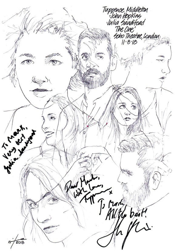Autographed drawing of Tuppence Middleton, John Hopkins and Julia Sandiford in The One at the Soho Theatre in London's West End