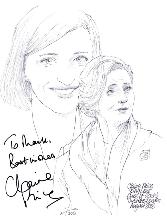 Autographed drawing of Claire Price in King Lear at the Duke of York's Theatre on London's West End