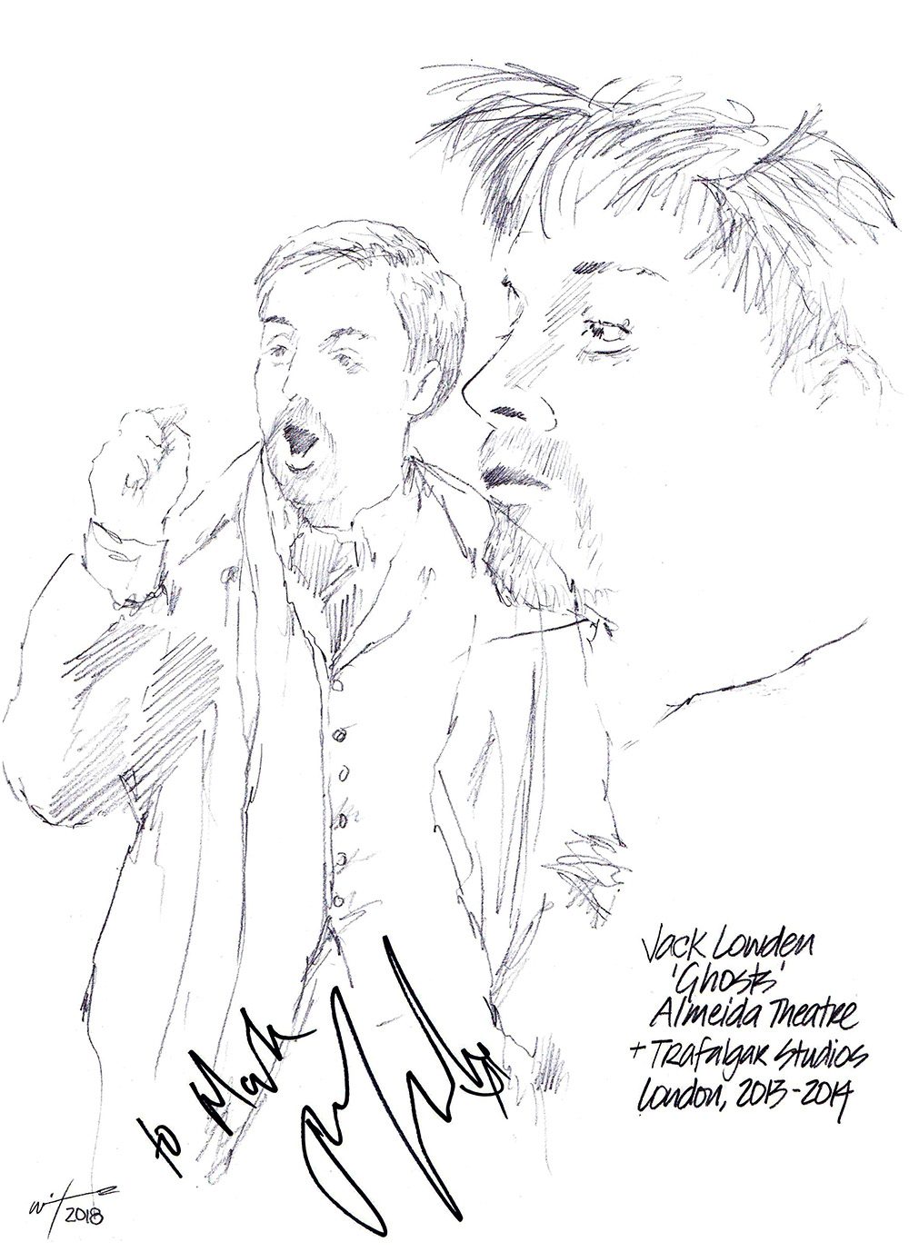 Autographed drawing of Jack Lowden in Ghosts at the Almeida Theatre and Trafalgar Studios on London's West End
