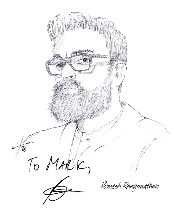Autographed drawing of comedian Romesh Ranganathan