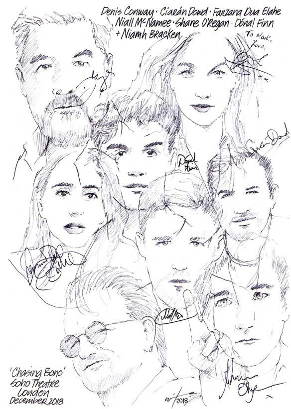 Autographed drawing of Denis Conway, Ciaran Dowd, Farzana Dua Elahe, Naill McNamee, Shane O'Regan, Donal Finn and Niamh Bracken in Chasing Bono at London's Soho Theatre