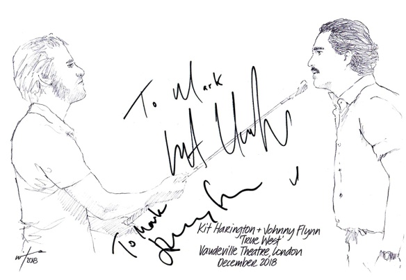 Auotographed drawing of Kit Harington and Johnny Flynn in True West at the Vaudeville Theatre on London's West End