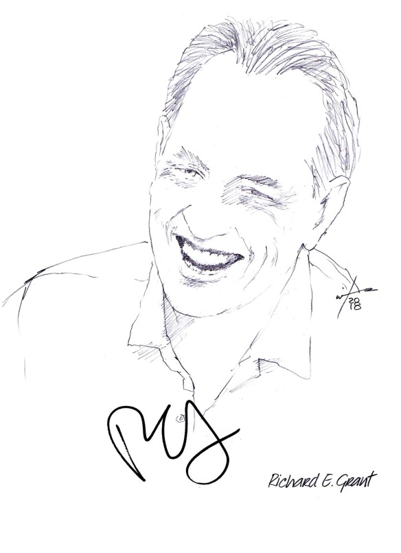 Autographed drawing of actor Richard E Grant