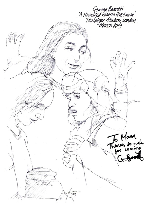 Autographed drawing of Gemma Barnett in A Hundred Words For Snow at the Trafalgar Studios on London's West End