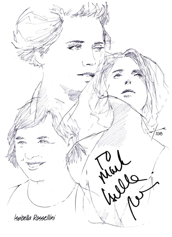 Autographed drawing of actress Isabella Rossellini
