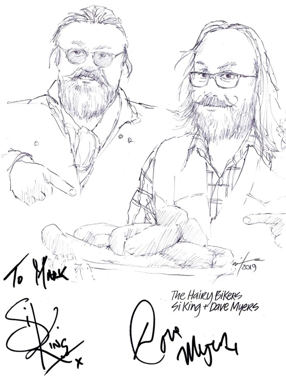 Autographed drawing of Si King and Dave Myers The Hairy Bikers