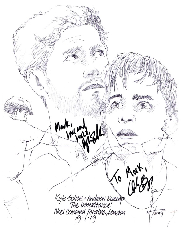 Autographed drawing of Kyle SOller and Andrew Burnap in The Inheritance at the Noel Coward Theatre on London's West End