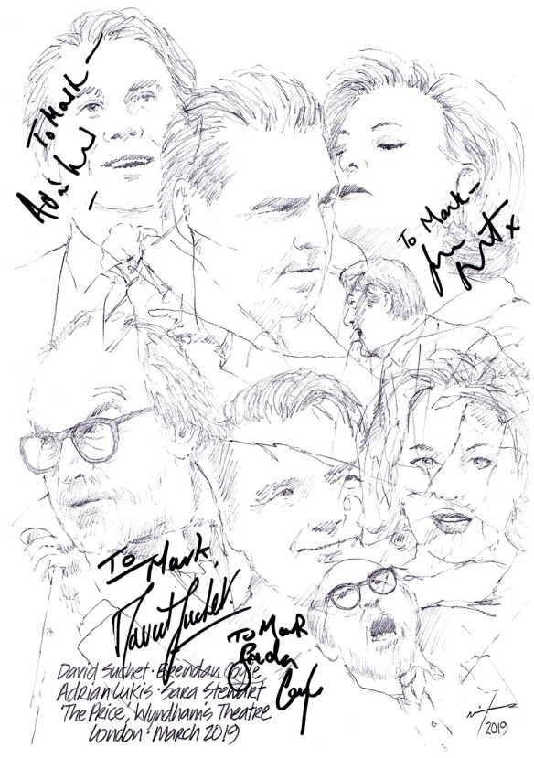 Autographed drawing of David Suchet, Brendan Coyle, Adrian Luke's and Sara Stewart in The Price at Wyndham's Theatre in London's West End