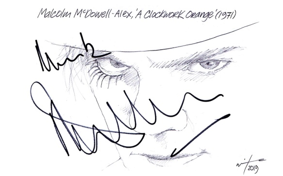 Autographed drawing of Malcolm McDowell in A Clockwork Orange