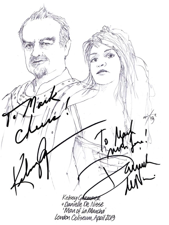 Autographed drawing of Kelsey Grammer and Danielle De Niese in Man of La Mancha at the London Coliseum 