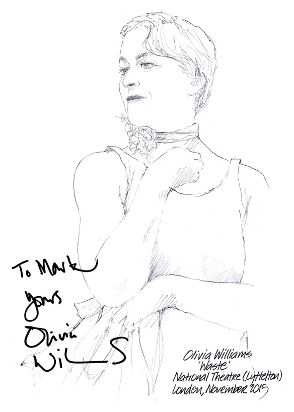 Autographed drawing of Olivia Williams in Waste at the National Theatre in London