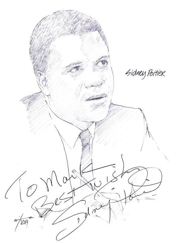 Autographed drawing of actor Sidney Poitier