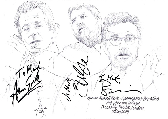 Autographed drawing of Simon Russell Beale, Adam Godley and Ben Miles in The Lehman Trilogy at the Piccadilly Theatre on London's West End