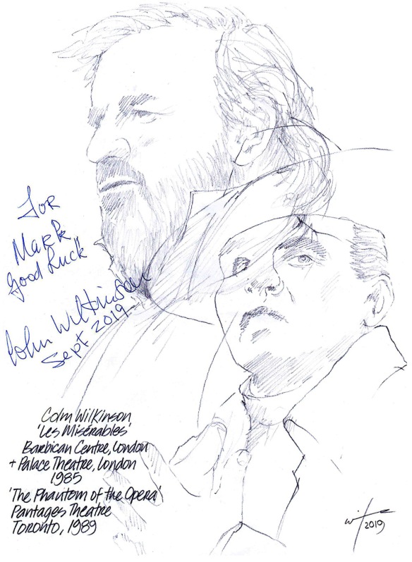 Autographed drawing of actor Colm Wilkinson in Les Miserables and The Phantom of the Opera