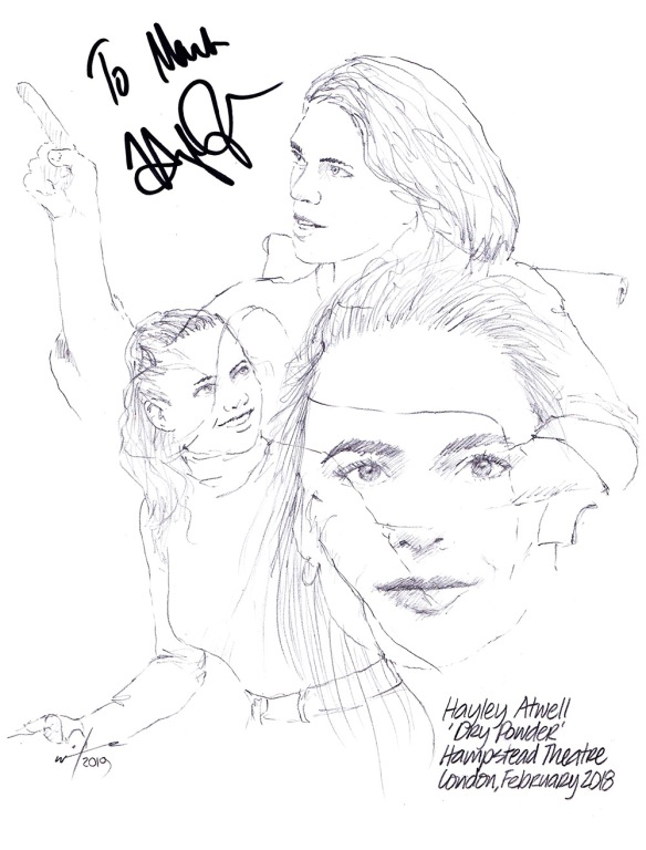 Autographed drawing of Hayley Atwell as Jenny in Dry Powder at the Hampstead Theatre in London