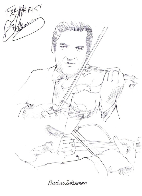 Autographed drawing of violinist Pinchas Zuckerman