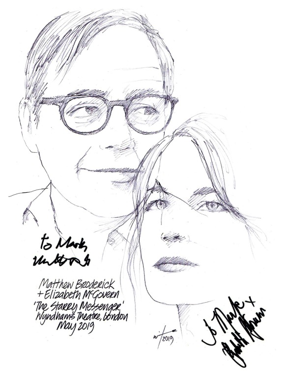 Autographed drawing of Matthew Broderick and Elizabeth McGovern in The Starry Messenger