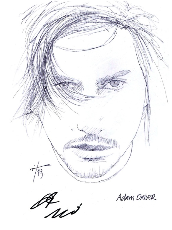 Autographed drawing of actor Adam Driver