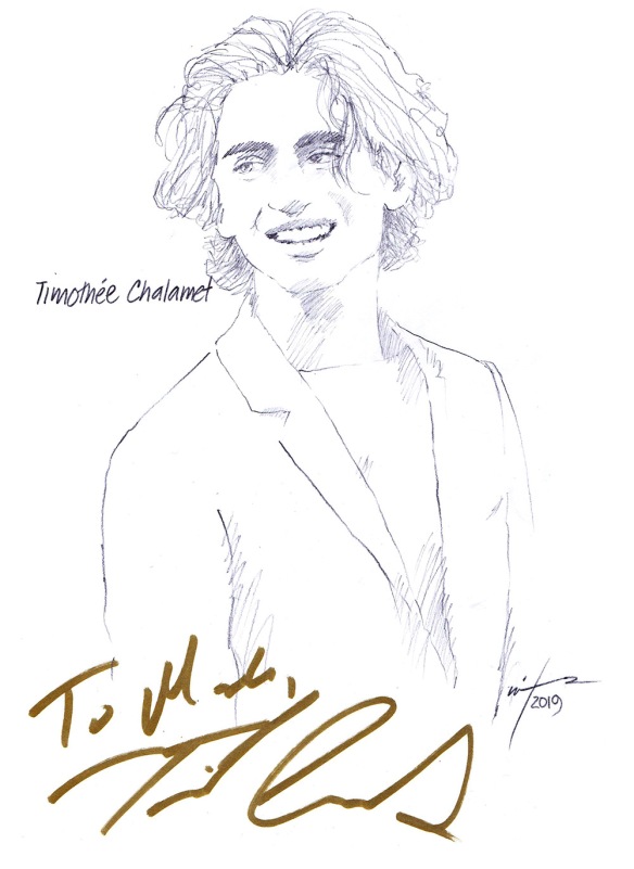 Autographed drawing of actor Timothée Chalamet