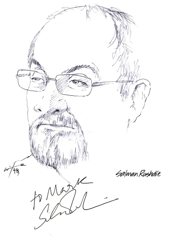 Autographed drawing of writer Salman Rushdie