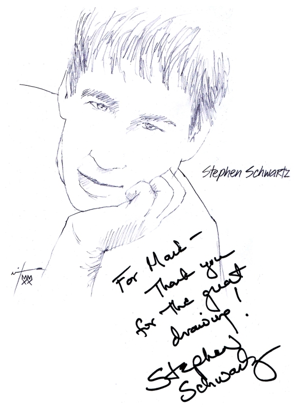 Autographed drawing of composer Stephen Schwartz