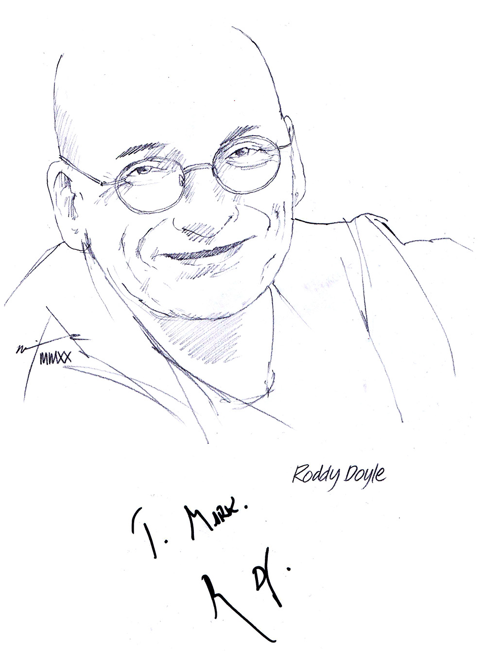 Autographed drawing of writer Roddy Doyle