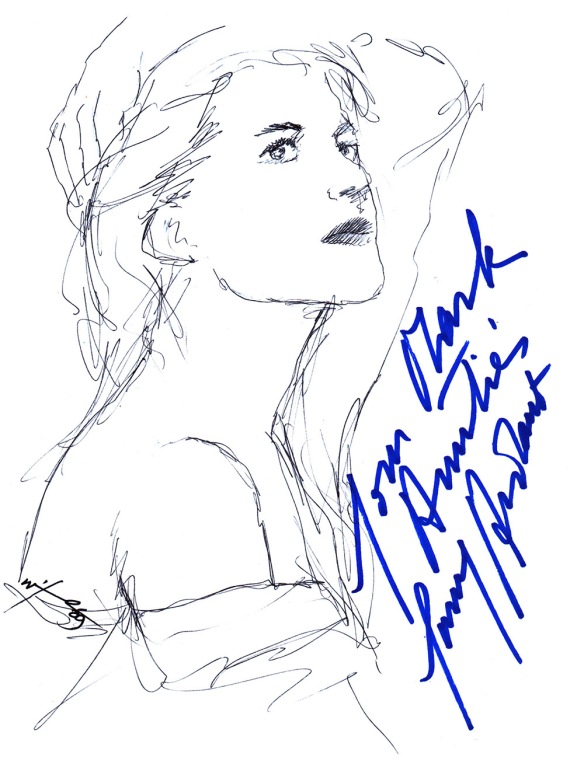 Autographed drawing of actress Fanny Ardant